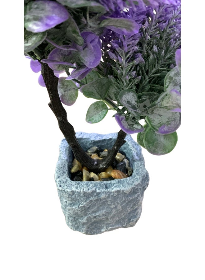 نبتة زينة صناعية فاخرة بزهور بنفسجية ولمسات لافندر مع أوراق يوكاليبتوس واقعية في أصيص حجري مربع بتصميم صخري – ديكور داخلي أنيق للمكاتب والمنازل وغرف المعيشة وغرف النوم وطاولات القهوة – نبات صناعي بدون ري أو صيانة – Artificial Decorative Plant with Stone Pot Indoor Home Office Decor - Image 3